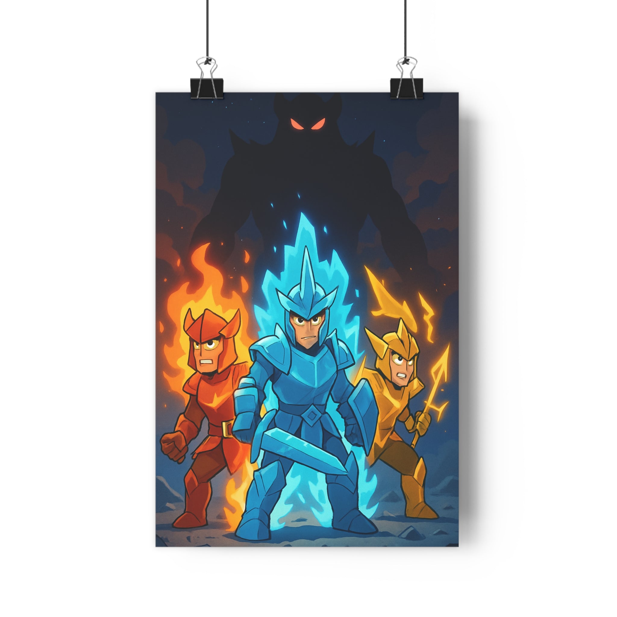 Poster décoratif anime épique guerriers rouge bleu jaune dynamique intense chambre salon bureau ambiance