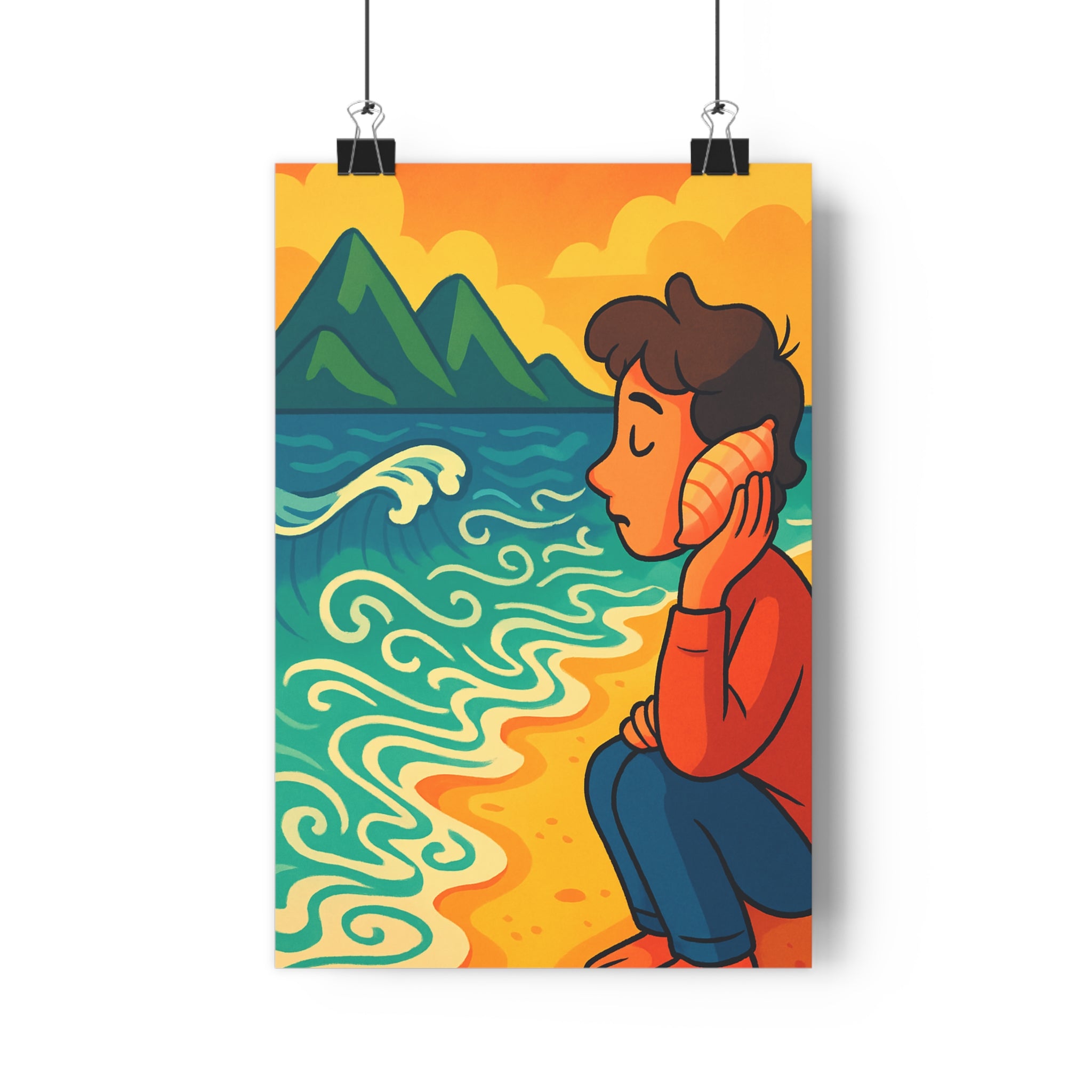 Poster décoratif aquarelle bleu orange vert sérénité contemplatif salon chambre murale artistique relaxant élégant