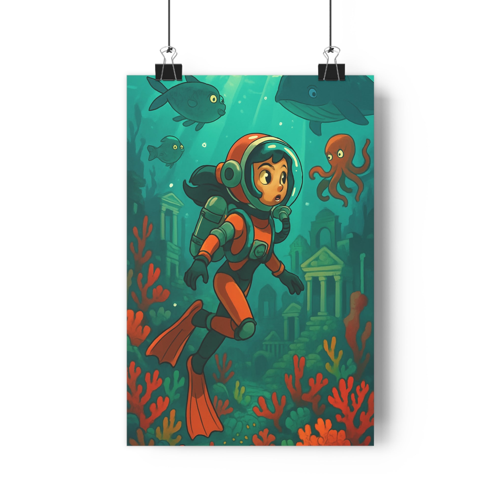 Poster décoratif anime mystique bleu vert chambre détente aventure plongeuse ruines coraux baleine pieuvre