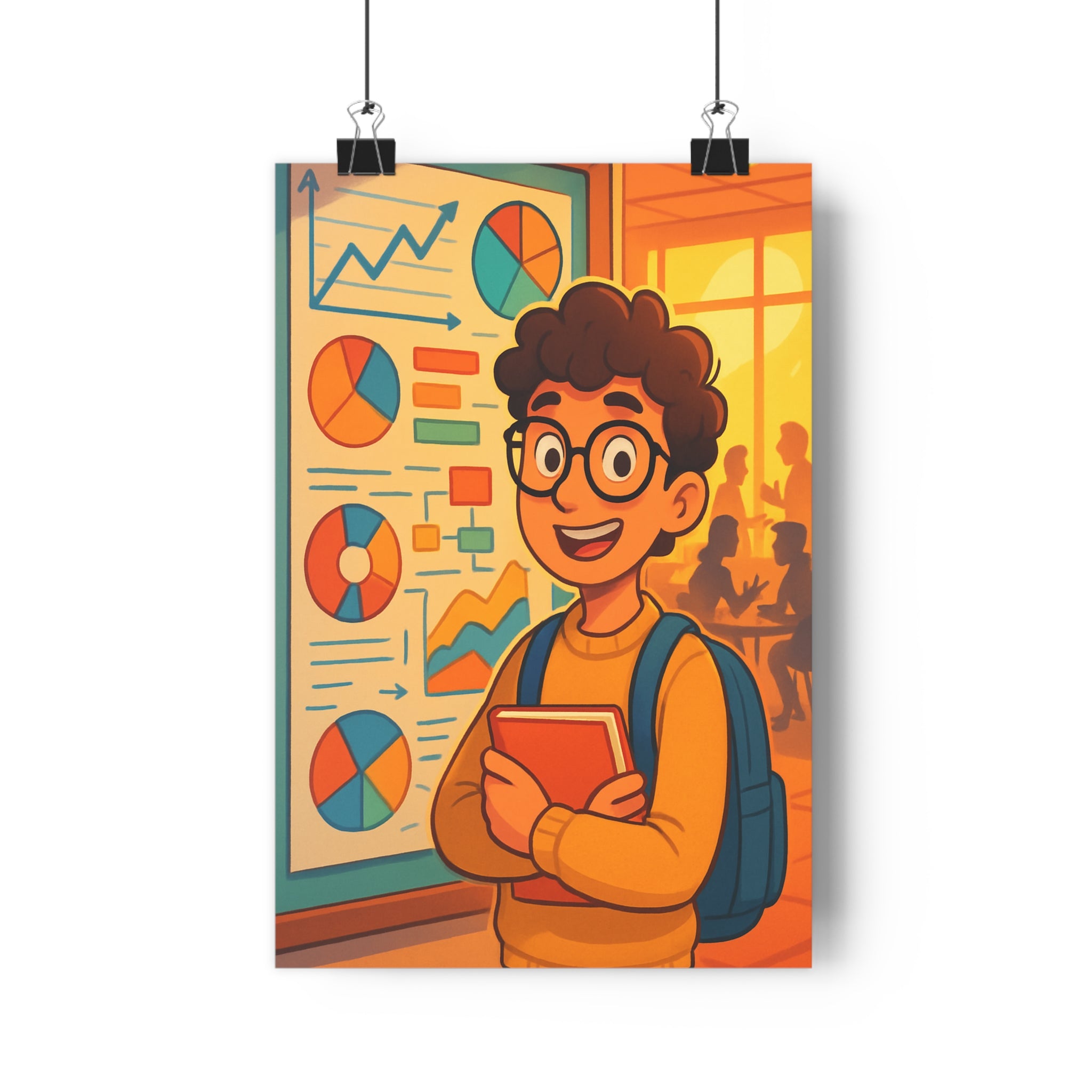 Poster décoratif cartoon dynamique bleu orange jaune bureau étudiant graphique joyeux éducatif vibrant coloré