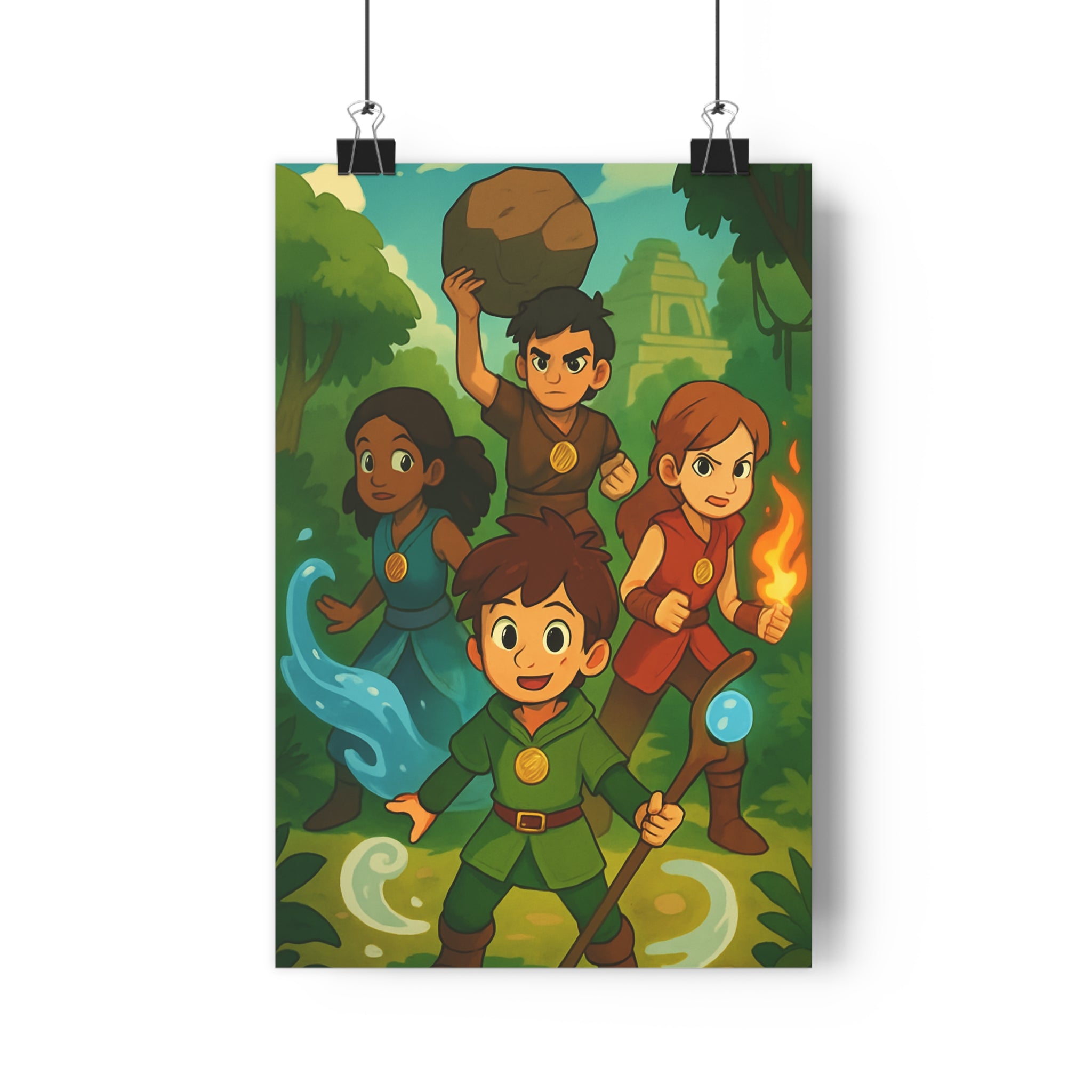 Poster décoratif anime vibrant rouge bleu aventure chambre enfant magie 30x46 dynamique personnages éléments