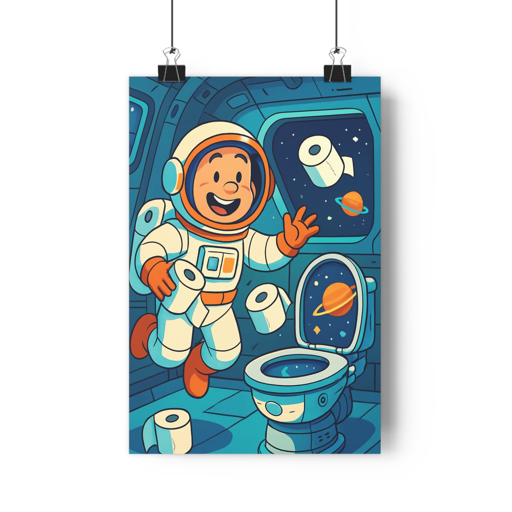 Poster décoratif astronaute futuriste bleu orange cartoon humoristique chambre enfant espace aventure tendance unique