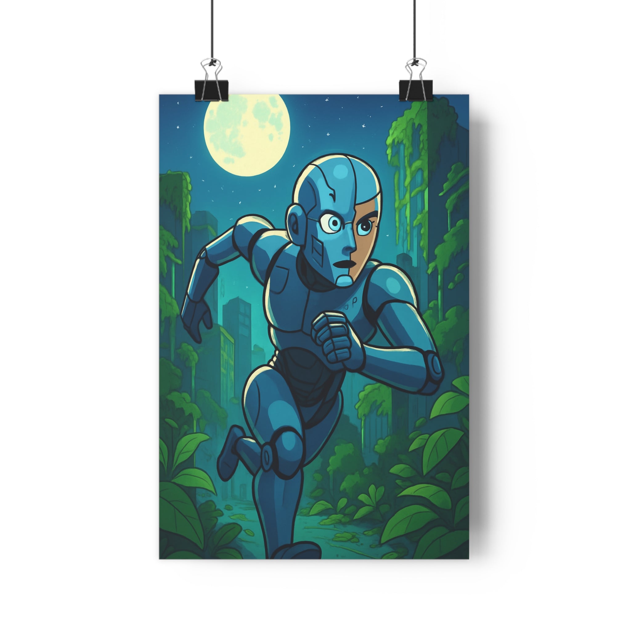 Poster décoratif futuriste bleu vert robot aventure chambre bureau moderne paysage écologique unique qualité
