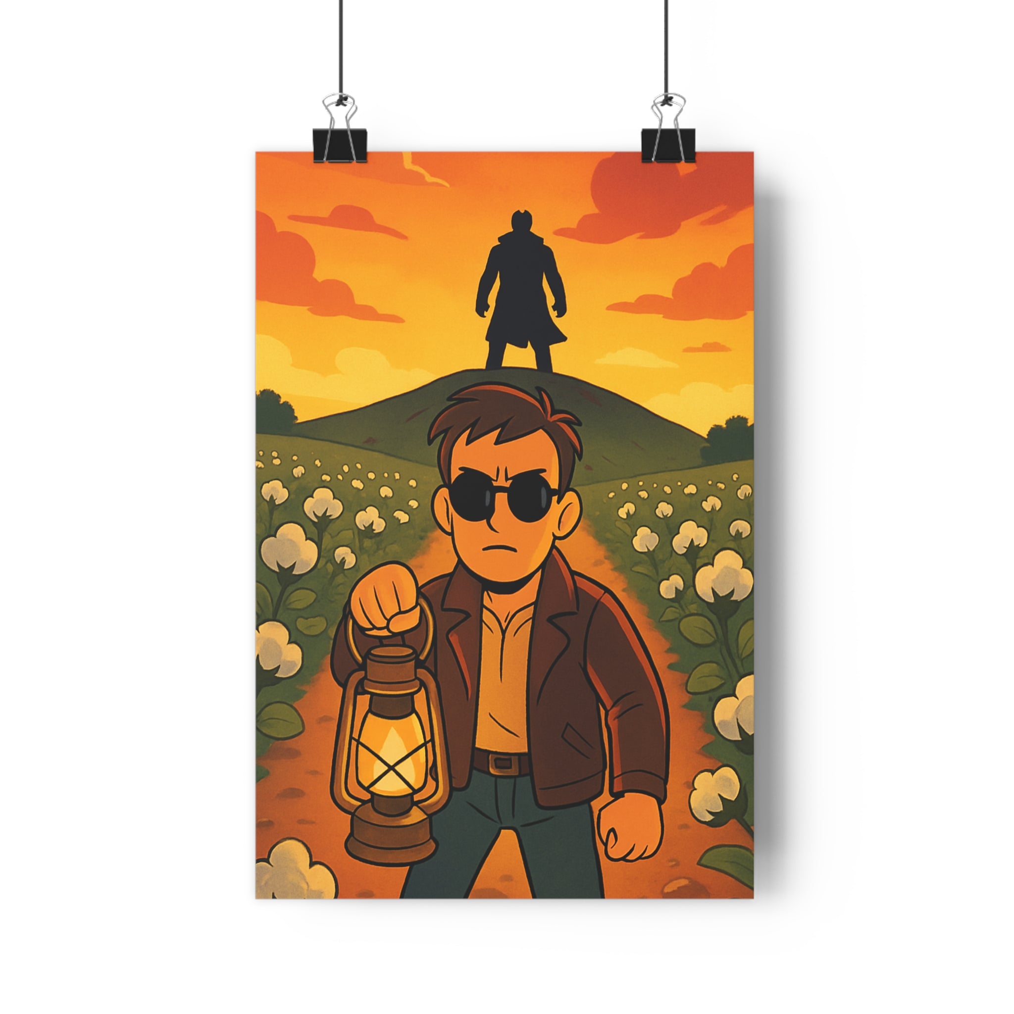 Poster décoratif anime orange aventure silhouette imposante salon bureau chambre inspiration lanterne colline qualité