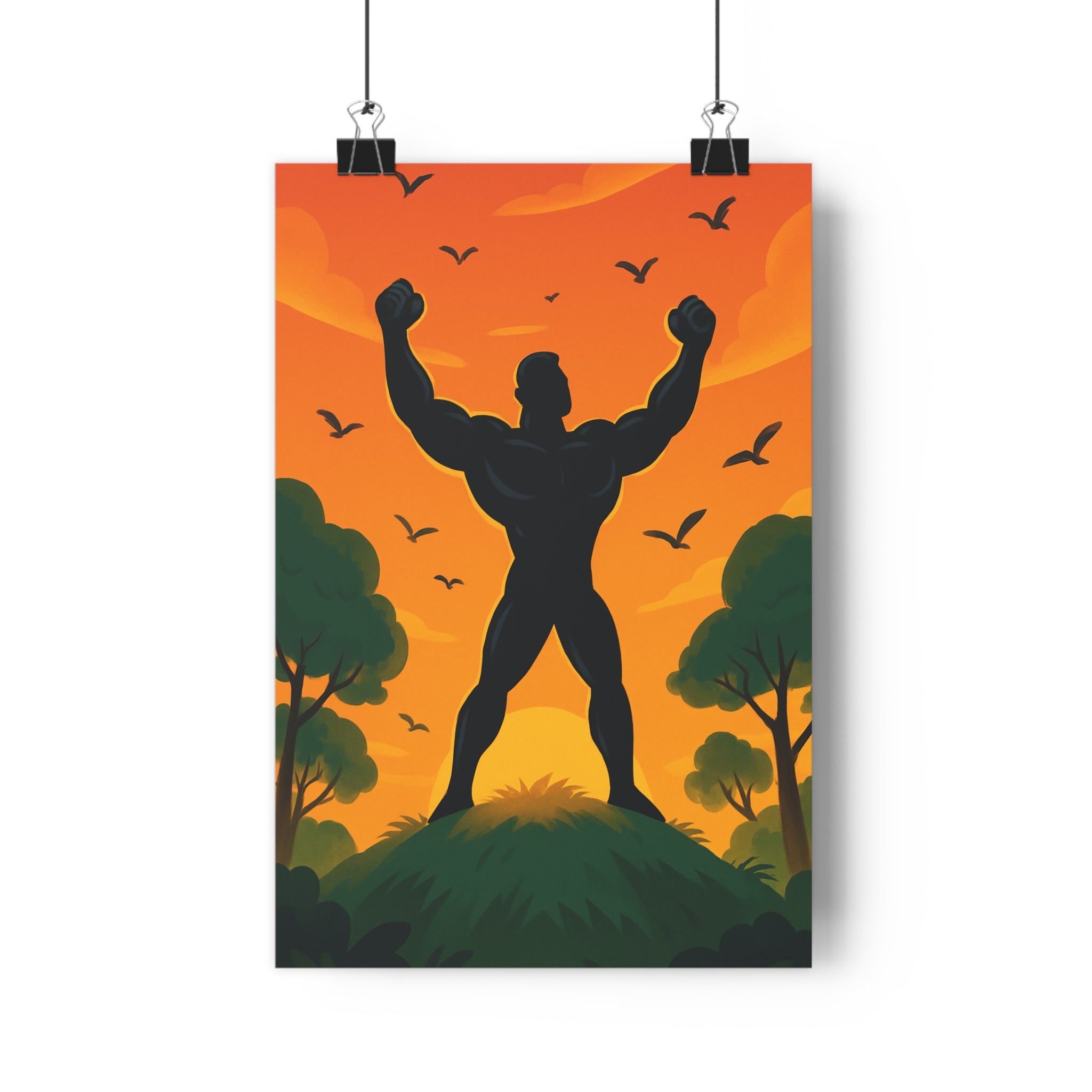 Poster décoratif anime orange jaune inspirant dynamique salon bureau artsy 30x46 silhouette arbres oiseaux