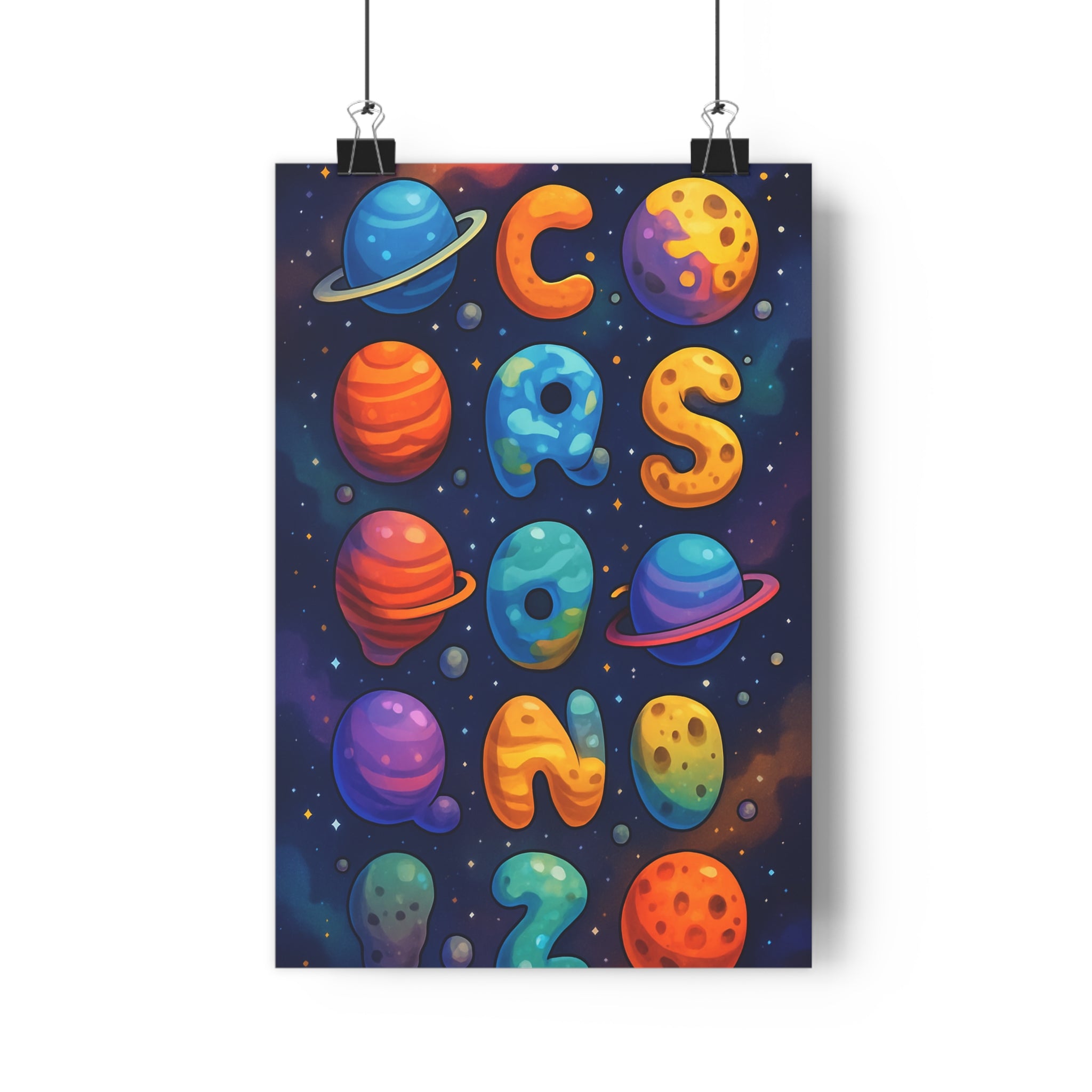 Poster décoratif abécédaire cosmique bleu violet orange cartoon joyeux chambre enfant espace ludique 30x46