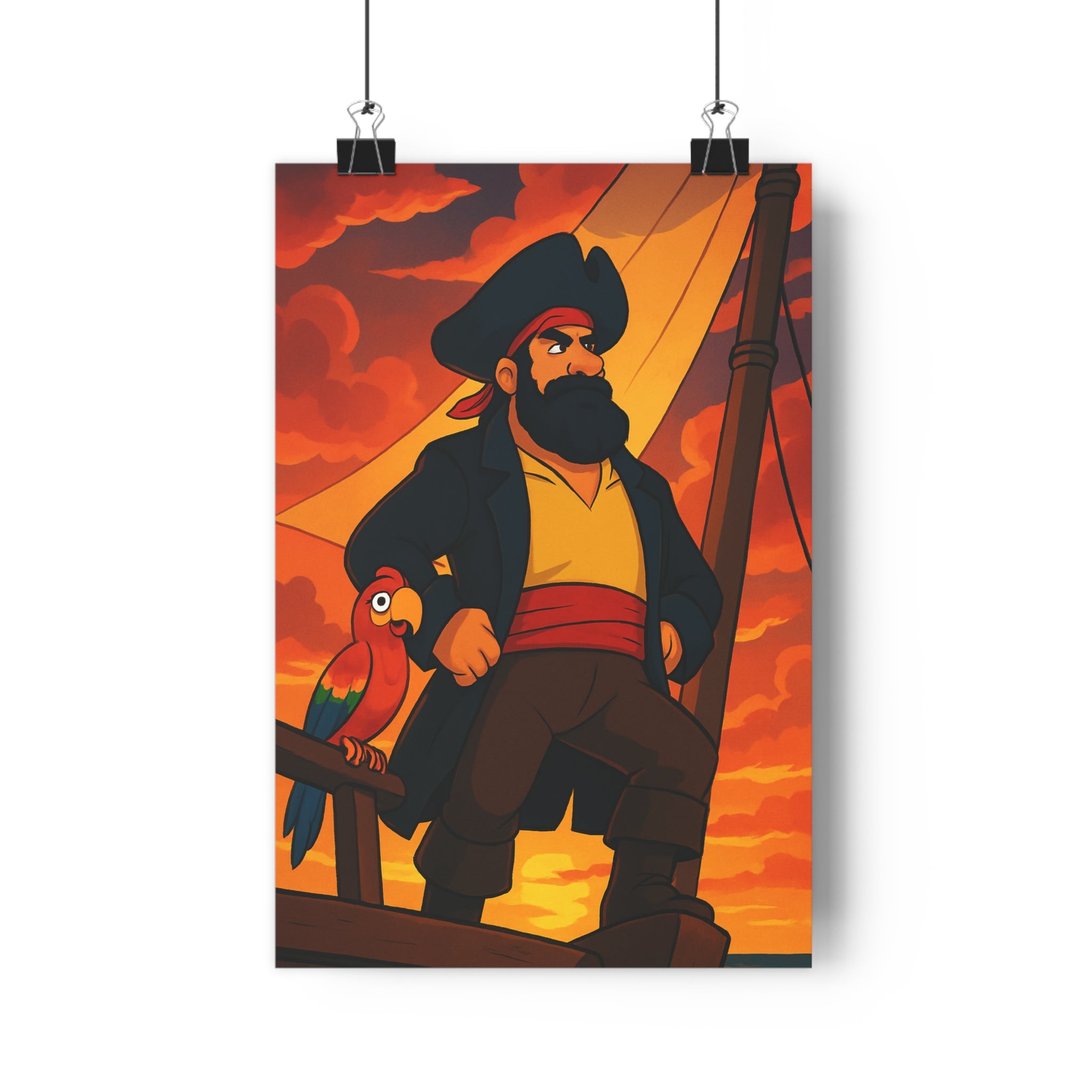 Poster décoratif anime rouge orange aventure pirate chambre salon bureau 30x46 capitaine perroquet qualité
