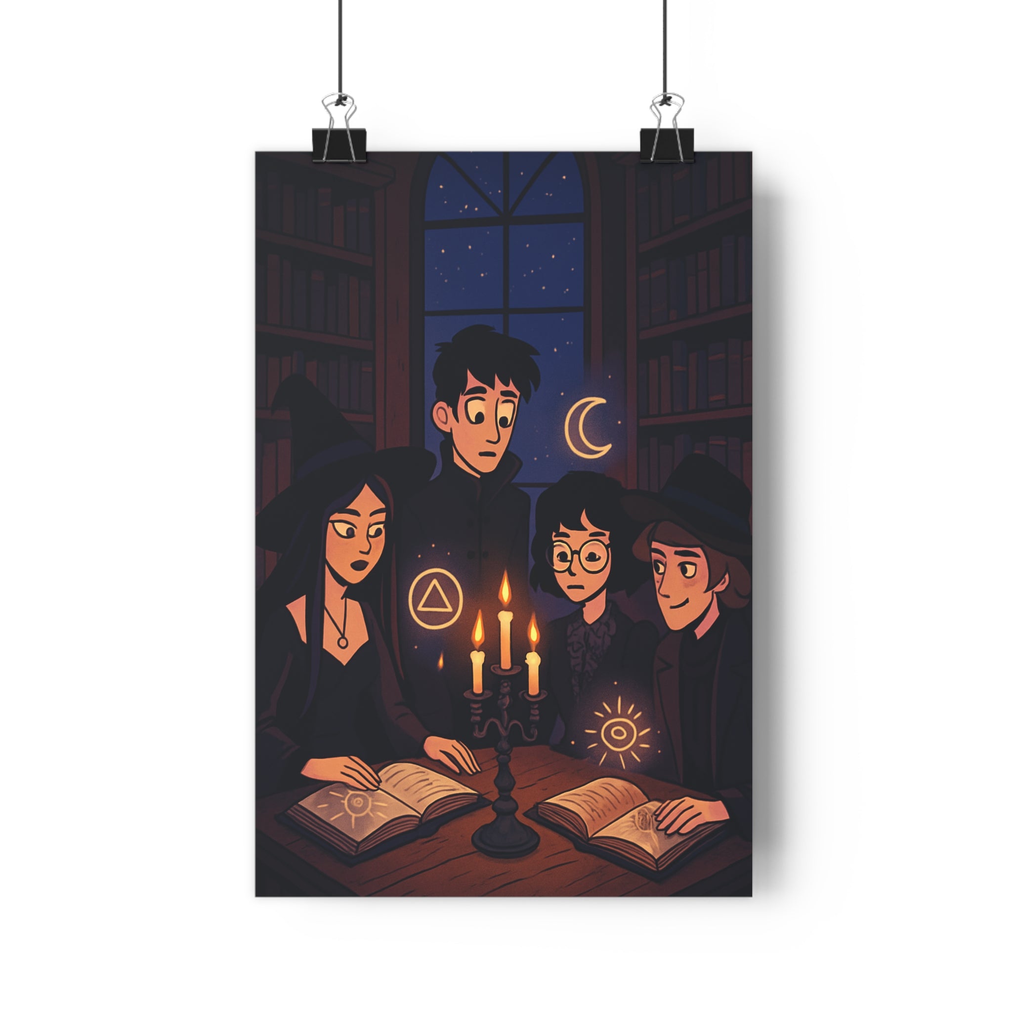 Poster décoratif anime mystérieux sombre chaleureux chambre bibliothèque lecture bougies fantaisie 30x46 ambiance tableau