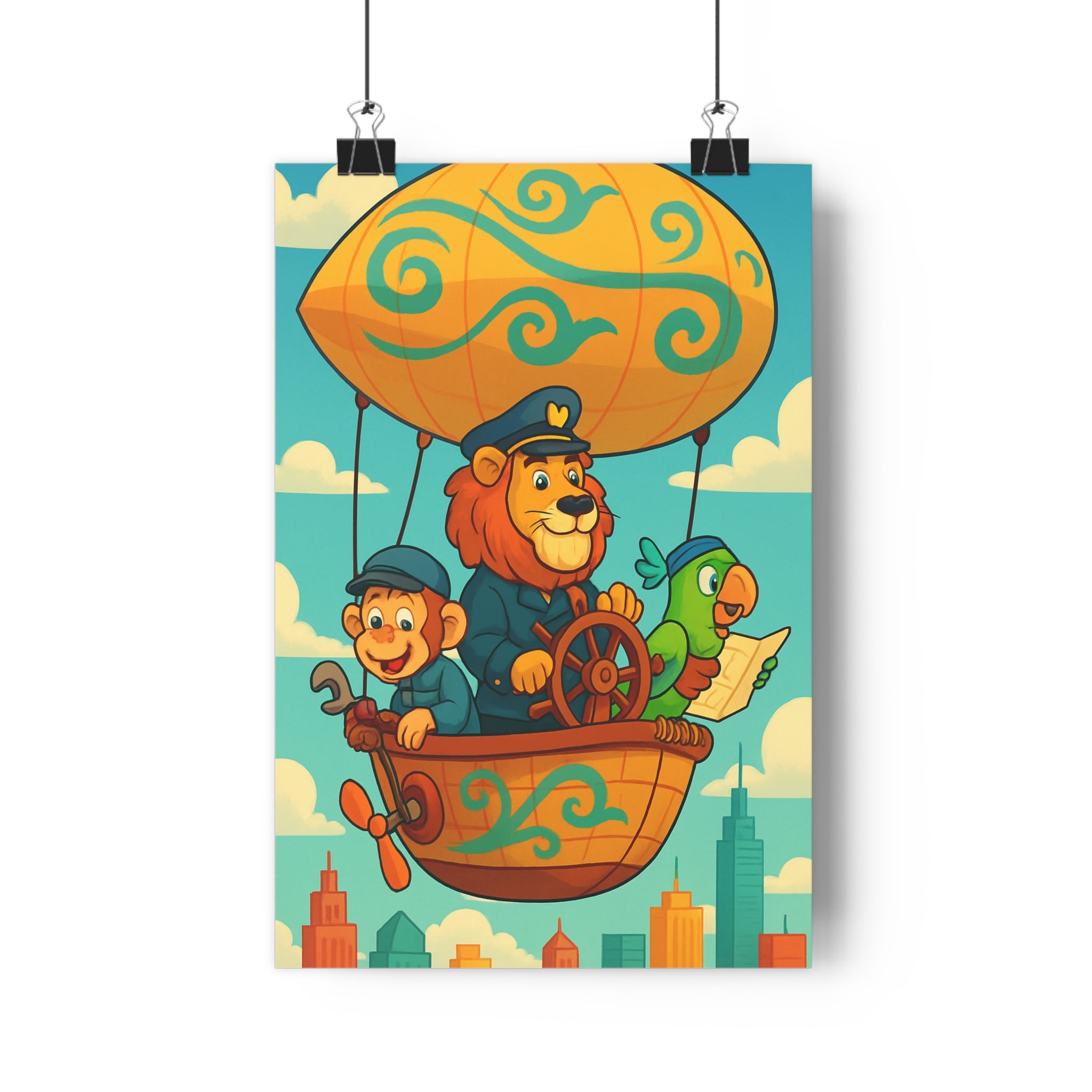 Poster décoratif anime pastel aventure lion singe perroquet montgolfière ville salon chambre joyeux qualité