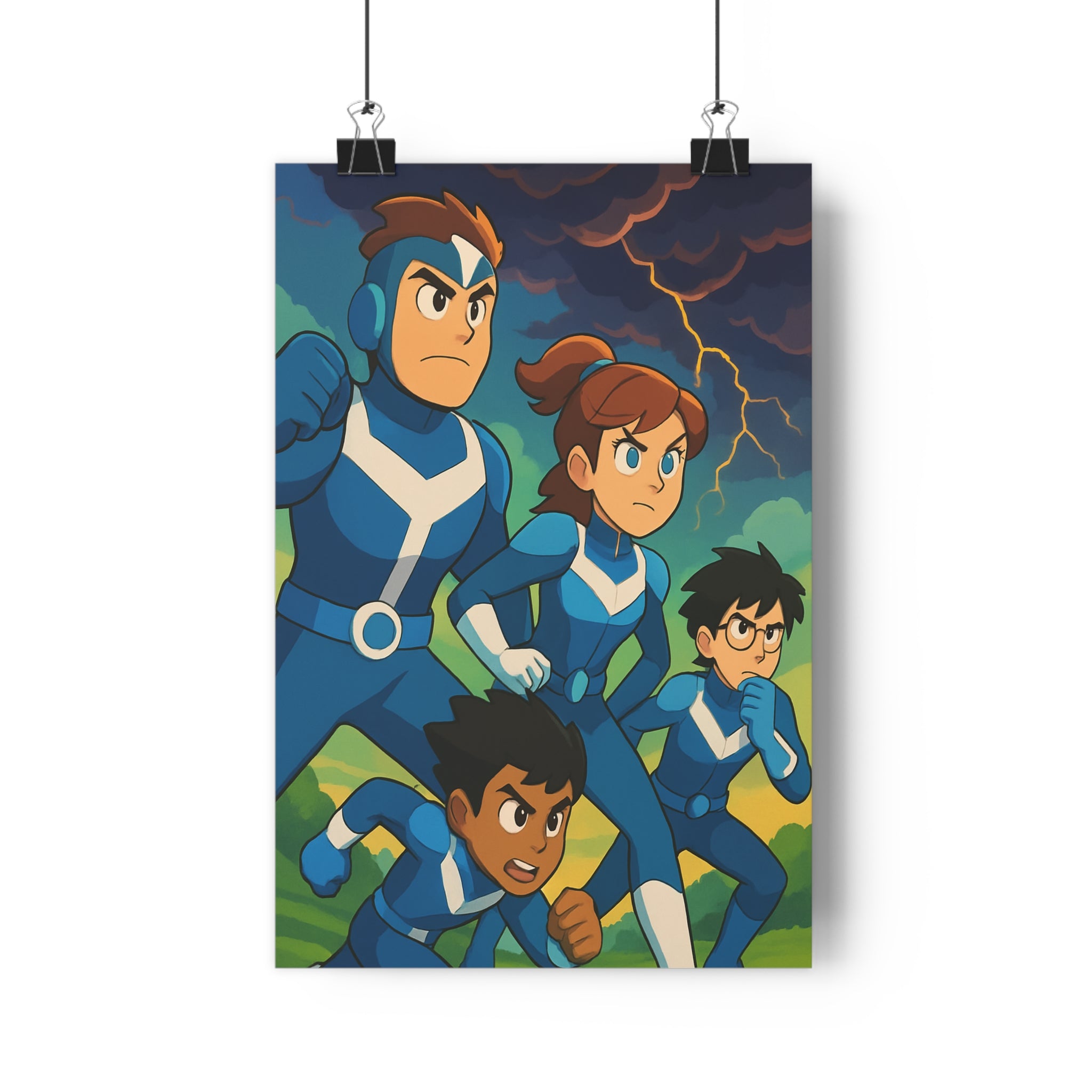 Poster décoratif action dessin animé bleu jaune dynamique chambre jeu intense captivant aventure orageux