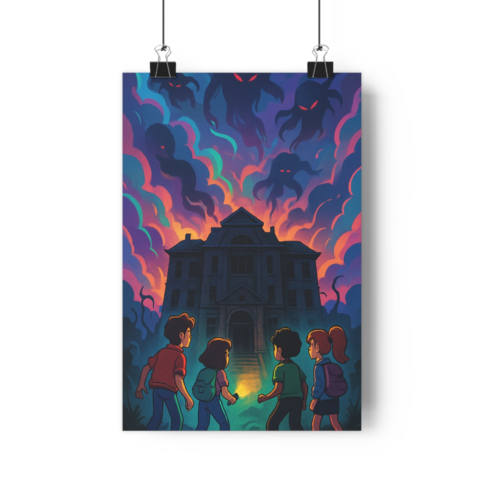 Poster décoratif animé sombre lumineux aventuriers aventure mystique maison mystérieuse chambre salon captivant qualité