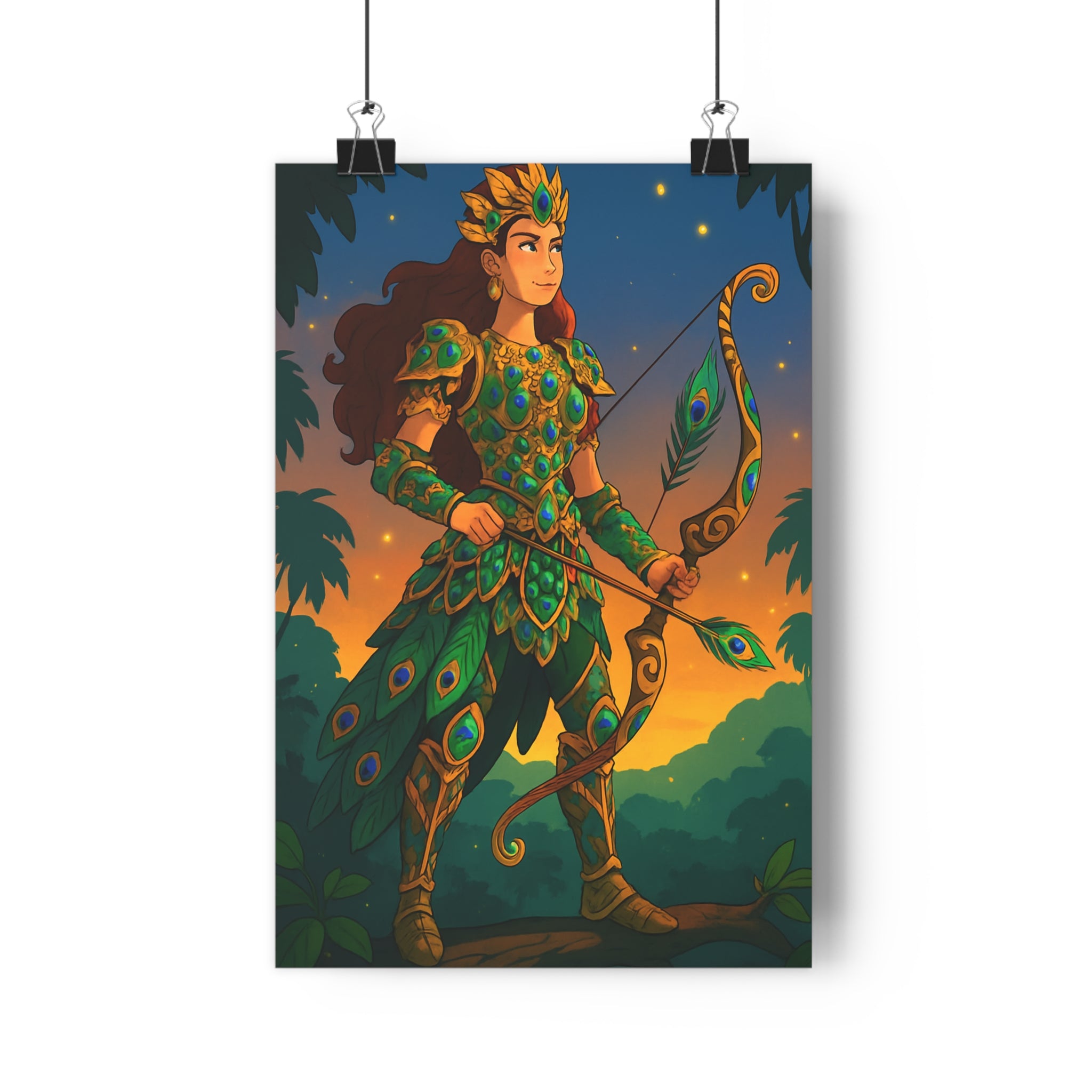 Poster décoratif amazone crépusculaire verte dorée mystique salon chambre moderne feuille armure paon qualité