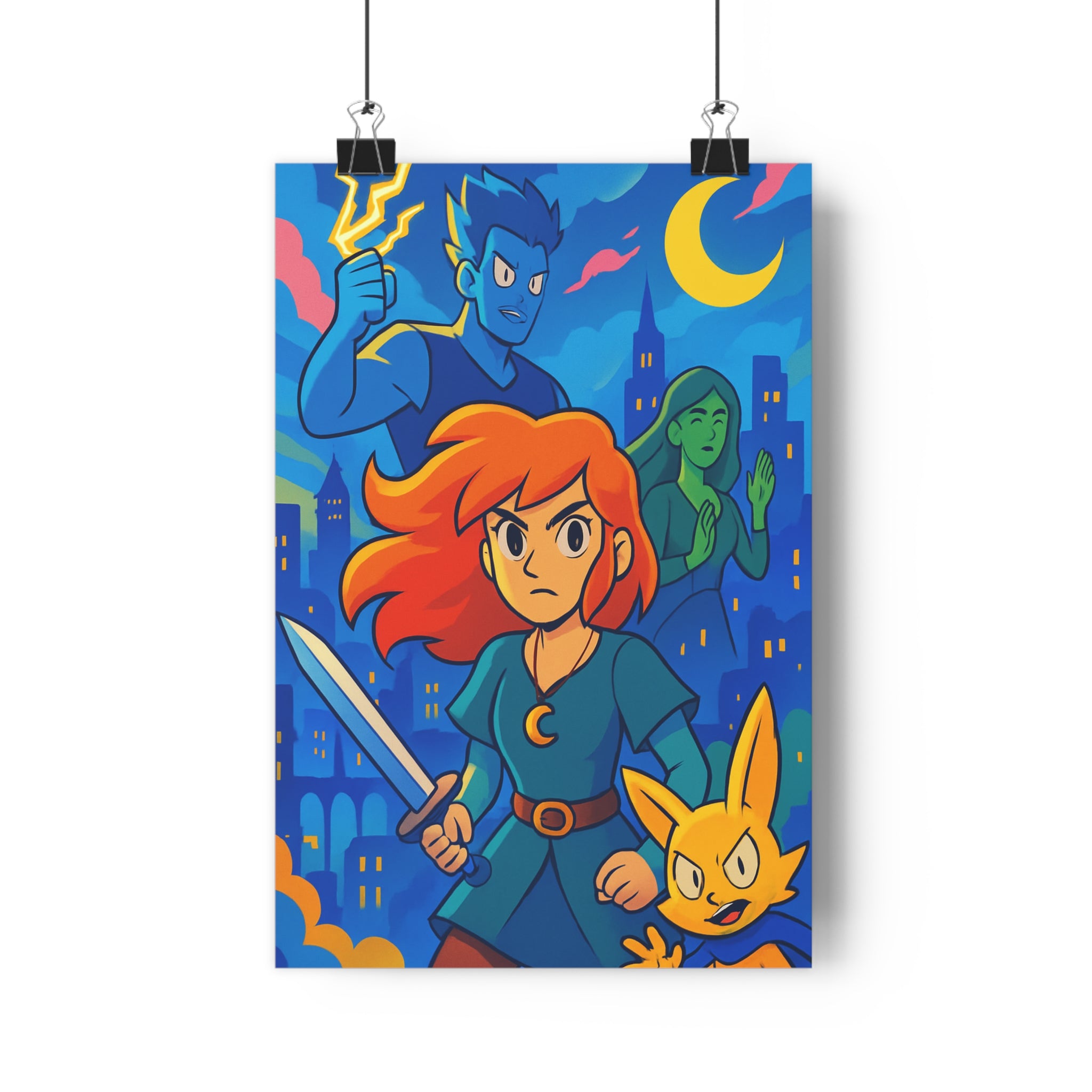 Poster décoratif anime vibrant nocturne mystique rouge jaune épée compagnon ville lune chambre qualité