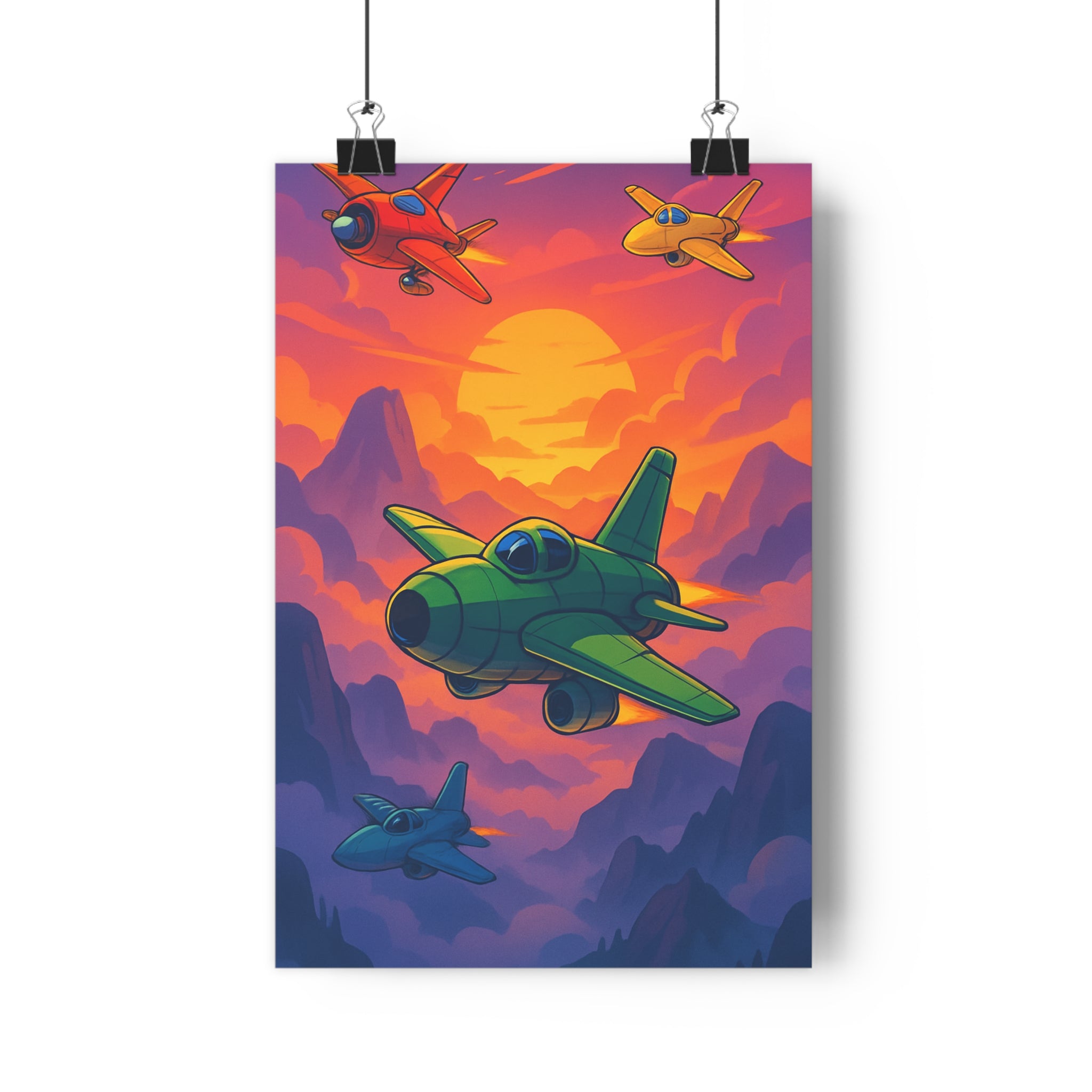 Poster décoratif anime vibrant rouge jaune bleu aventure chambre salon coucher soleil paysage stylisé