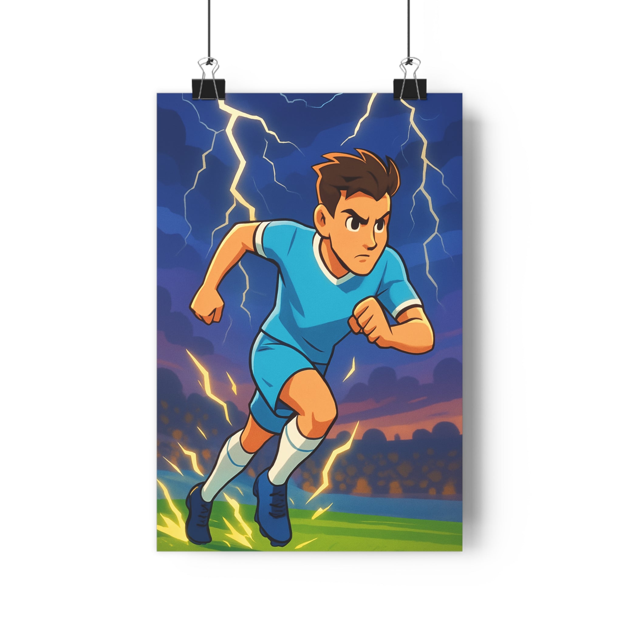Poster décoratif anime football dynamique éclairs bleu jaune intense énergique chambre moderne vivant puissant