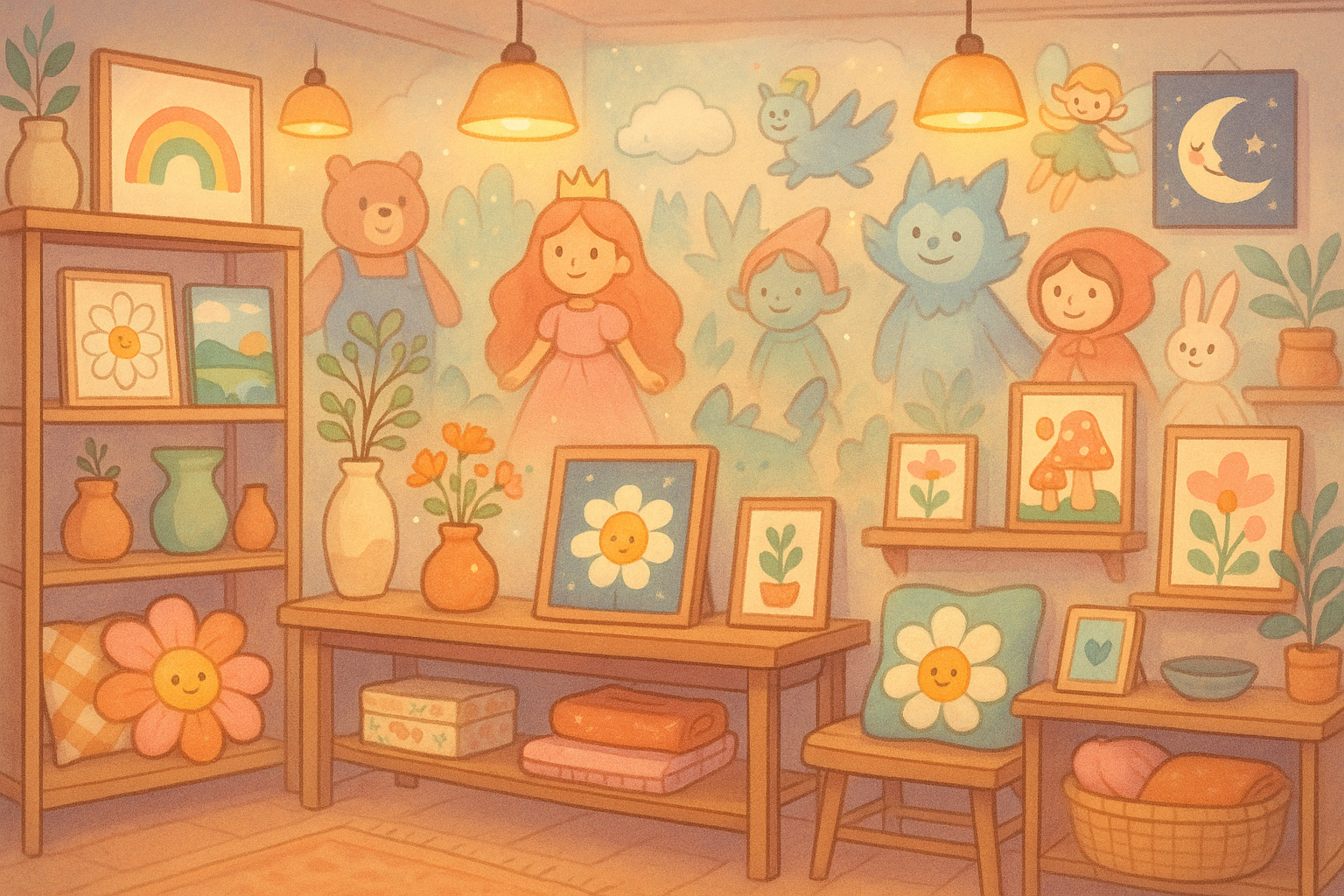 La boutique où petits et grands rêveurs trouvent leur univers. genere un image style il sagit dune site de deco interieur avec des dessin animé en fond