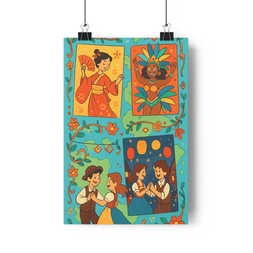 Poster vibrant couleurs motifs floraux kimono robe fleurie personnages amicaux tenues festives ambiance joyeuse salon contemporain
