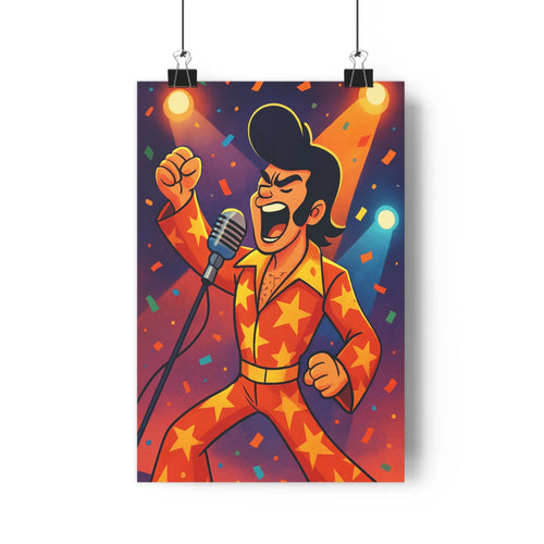Poster vibrant musique personnage étoiles dorées années soixante dix bleu nuit projecteurs confettis joyeux ambiance festive table basse livres vases