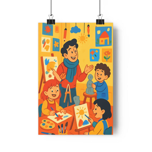 Poster artistique groupe enfants instructeur atelier peinture tabourets affiches murales motifs géométriques outils créatifs ambiance joyeuse décor coloré style illustratif