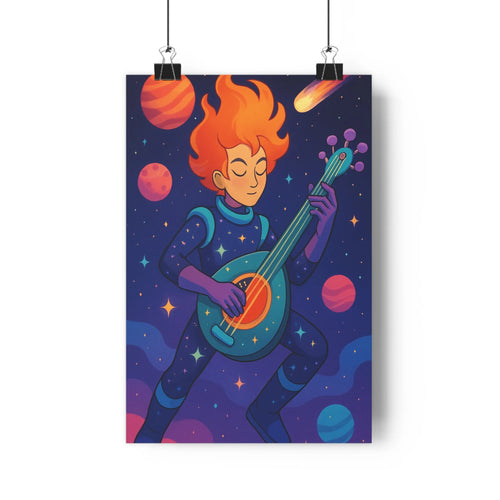 Poster moderne guitariste espace bleu orange violet plantes pots vase comté blanche livres fantastique musical chambre salon