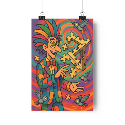 Poster joyeux puzzle oiseaux cheveux colorés chemise carreaux nœud papillon mouvement dynamique couleurs vives motifs spirales croix ambiance créative salon
