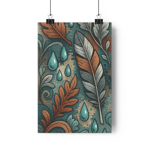 Poster abstrait feuilles pluie plantes verte mosaïque tons bruns verts ambiance naturelle graphique vintage calme salon bureauintérieur original