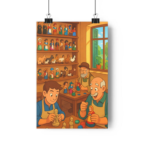 Poster artisanal personnages figurines atelier fenetre paysage verdoyant décors chaleureux cartoon expressifs qualité unique