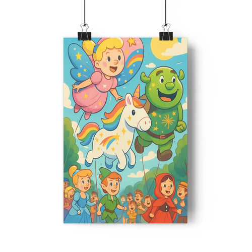 Poster animé joyeux personnages licorne fée nuages étoiles paysage verte ailes magique contours colorés chambre adolescente