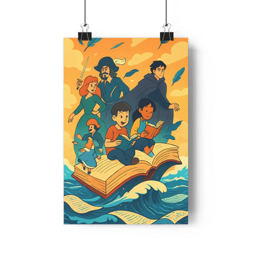 Poster enfants lecture aventure livre ouvert nuages oiseaux vagues costumes chapeaux contours nets couleurs vives orange chaud bleu ambiance fantastique