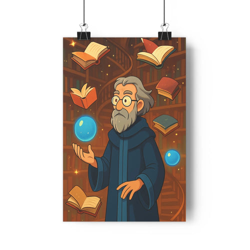 Poster académique mystique cartoon bibliothèque livres flottants barbe grise lunettes sphère bleue ambiance intellectuelle étude création chambre bureau