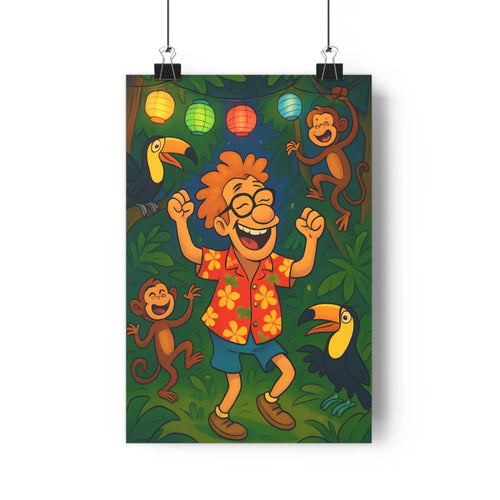 Poster joyeux jungle singes toucans danse contours nets couleurs vives ambiance festive nature sauvage chemisier fleuri short bleu lanternes colorées