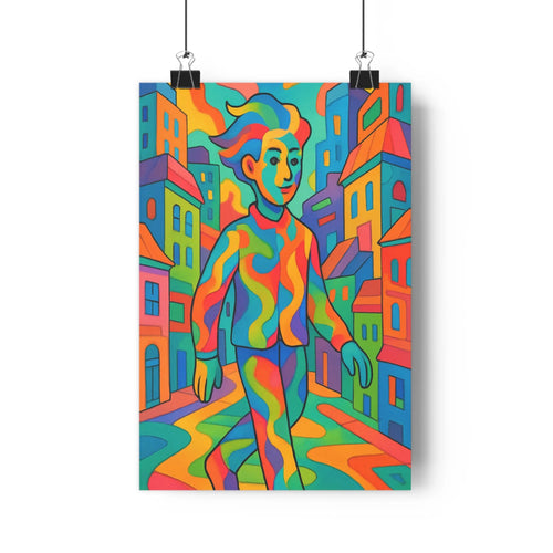 Poster urbain coloré homme cheveux bleus robe motif ondulé bâtiments toits rouges façades multicolores ambiance joyeuse style moderne abstrait lignes