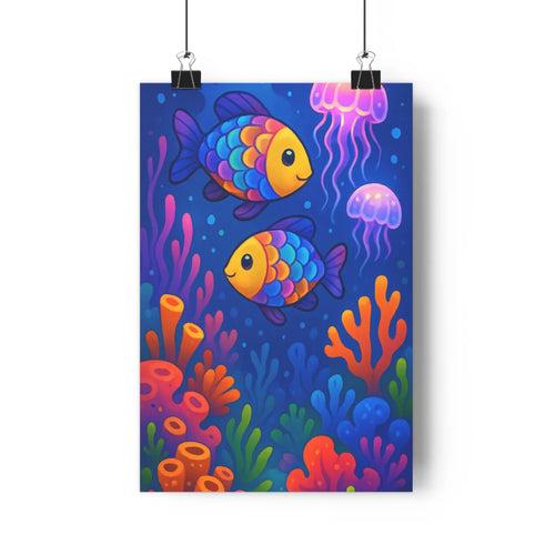 Poster océan bleu poissons coraux méduses lumineuses couleurs vives cartoon joyeux vivant chambre enfants
