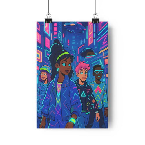Poster futuriste jeunes urbains néons rose bleu motifs colorés ambiance dynamique technologie ville moderne energétique composition graphique