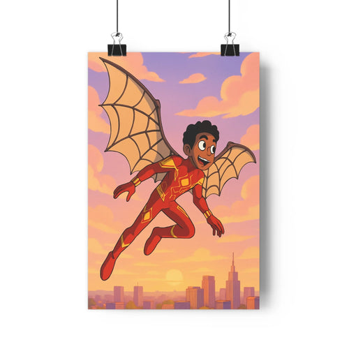 Poster volant personnage rouge doré ailes marron ville moderne ciel couchant soleil rose orange violet nuages contours ombres douces ambiance