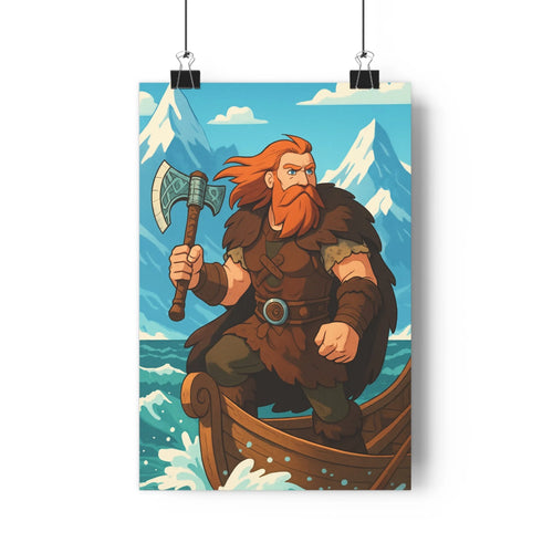 Poster viking guerrier barbu barque vagues bleues montagnes enneigées ciel clair nuages cartoon contours nets couleurs vives ambiance aventurière force