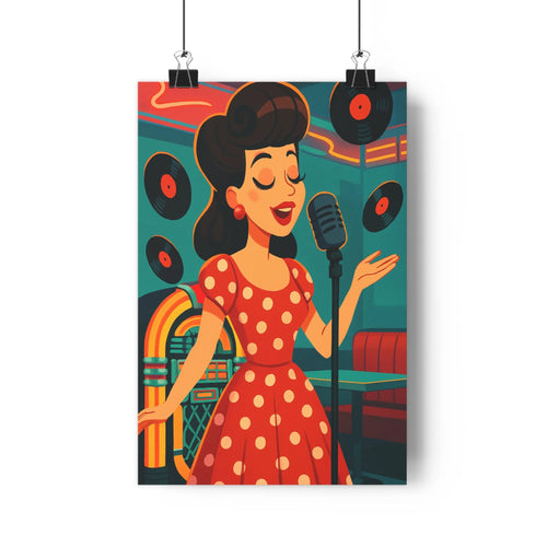 Poster chanteuse robe rouge pois jukebox vinyles fond bleu boucles oreilles chignon ambiance retro couleurs vives style cartoon festive salon
