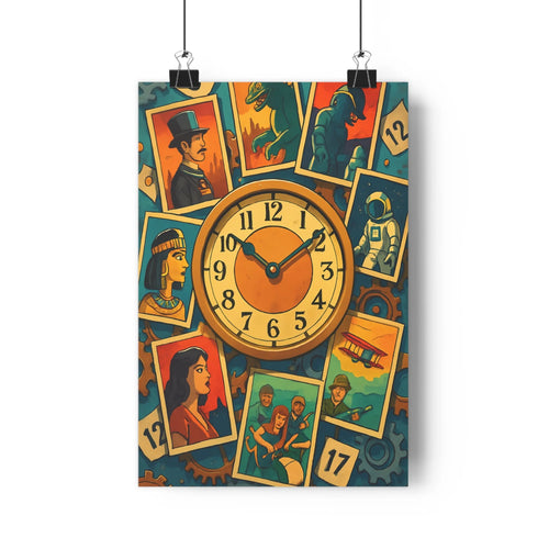 Poster horloge portraits costumes chapeau haut-de-forme machine vapeur bleu vert rouge noir style pop art ambiance dynamique intemporel salon bureau