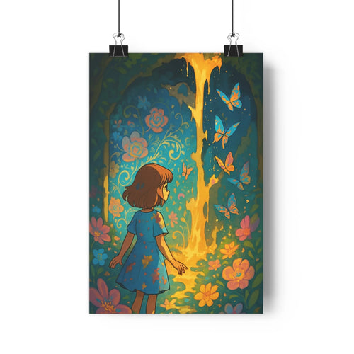 Poster féerique jardin secret lumière dorée papillons fleurs verte robe bleue jeune fille arbres luxuriants mystère enchantement chambre adulte