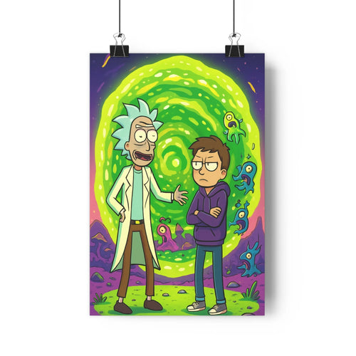 Poster homme cheveux blancs pull violet créatures décor fantastique tons verts violets style cartoon détails simples ambiance surréaliste humoristique dynamique