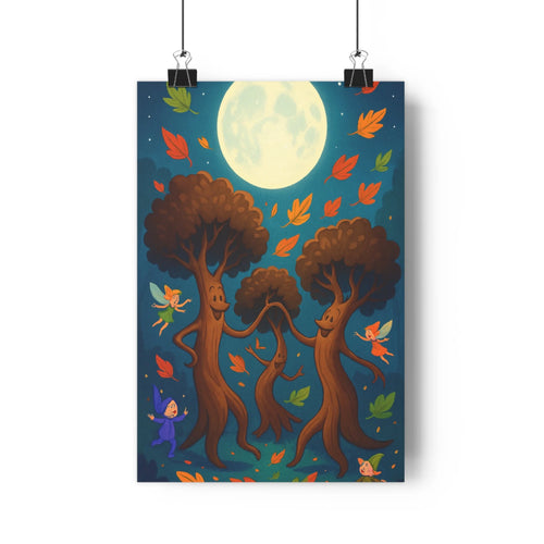 Poster enchanté forêt nocturne arbres souriants fées volantes lune automnale ambiance féerique style cartoon doux coloré chambre enfants