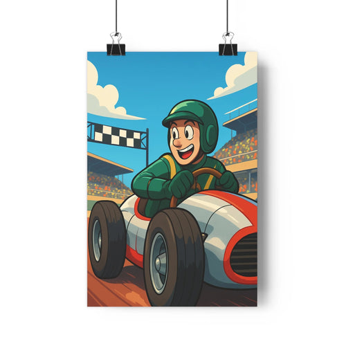 Poster course souriant pilote casque vert combinaison voiture blanche détails rouges tribune spectateurs drapeau damiers stade bleu ciel cartoon vibrant