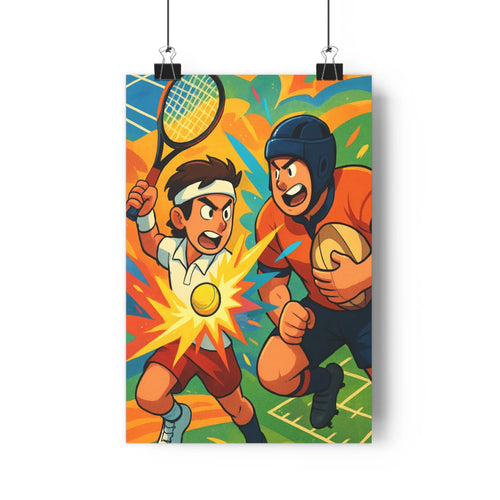 Poster sportif tennis rugby intense expressions concentrées couleurs vives ambiance dynamique style cartoon fond vert orange chambre salon