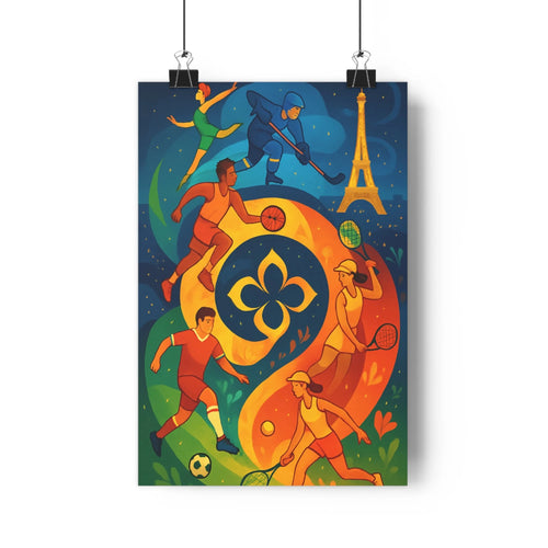 Poster sportif parisien coloré dynamique tour eiffel fluides tennis natation basketball football moderne joyeux vibrant chambre salon