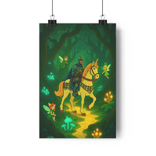 Poster chevalier armure cheval forêt dense fées volantes arbres feuilles luxuriante fleurs lumineuses couleurs vives ambiance féerique magique salon chambre
