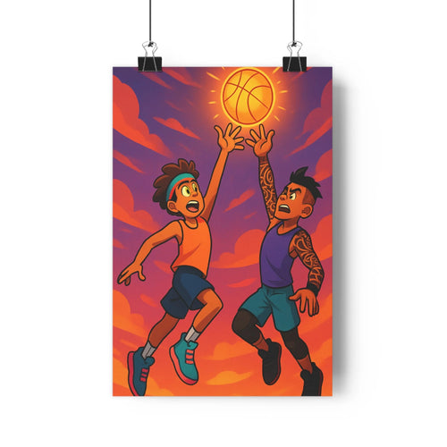 Poster basketball action jeunes joueurs ciel vibrant rouge jaune bleu plante verte étagère objet moderne cartoon dynamique intense chambre salon