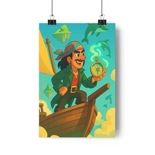 Poster aventure pirate joyeux barque compas dauphins île verte marin cartoon couleurs vives ambiance légère fantastique chambre enfants