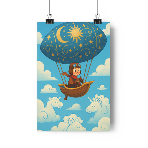 Poster enfant ballon floral nuages licornes ciel bleu marron rouge doré contours nettoyés cartoon joyeux chambre enfants imagination aventure fantastique