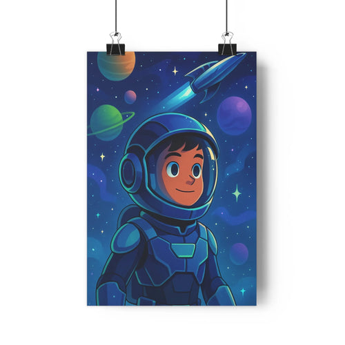 Poster cartoon astronaute espace nuit planètes étoiles fusée verte étagère plantes bleu blanc aventure exploration chambre salon