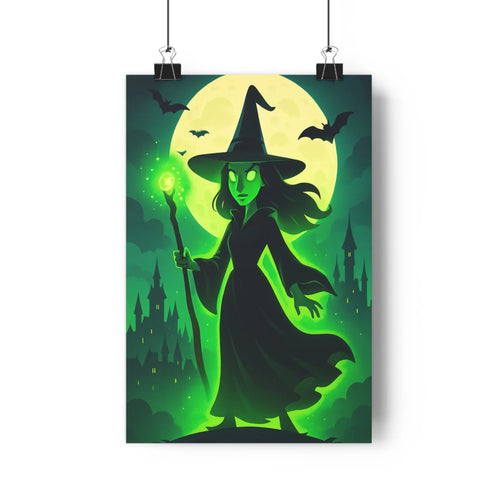 Poster sorcière lune verte chauves-souris châteaux nuit mystique ambiance fantastique cartoon vibrant chambre salon unique